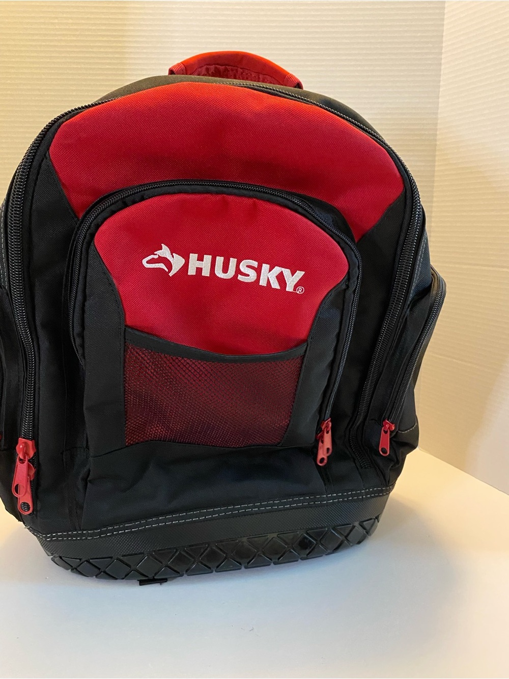 Husky Tool Backpack Heavy Duty Rubber Bottom Storage Bag Cushion Back Red Black - Picture 2 of 16